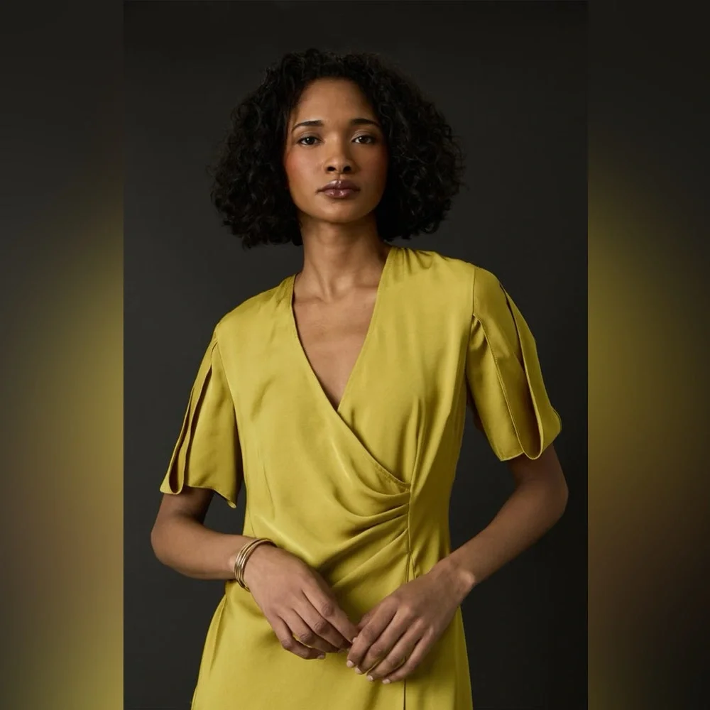 NEW Luxely Pleated Silky Chartreuse Wrap-Style Dress - Picture 3 of 8